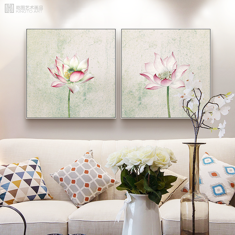 新中式装饰画荷花现代简约挂画莲花画客厅玄关走廊三联工笔画乾图