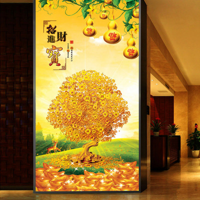 塞拉维金色发财树玄关壁画过道背景墙壁纸大厅屏风墙纸无缝墙布