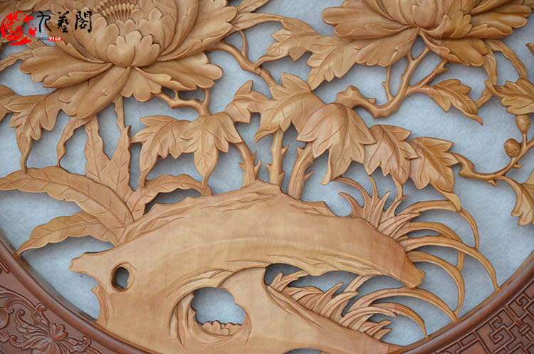 东阳木雕中式实木圆形花开富贵挂件壁画客厅装饰画背景墙镂空雕刻