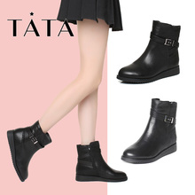 皮带扣坡跟短靴女休闲靴2N948DD6 TATA他她冬牛皮时尚
