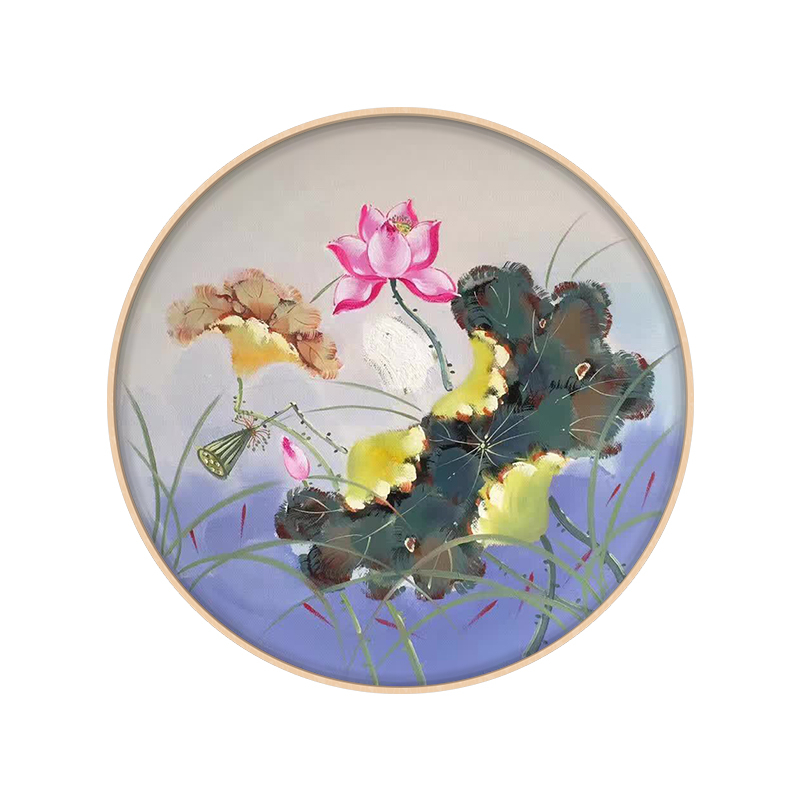 实木圆形画 新中式手绘油画玄关走廊装饰画餐厅花卉挂