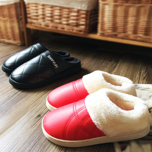 棉拖鞋女包跟厚底冬季情侣居家居室内保暖防水月子鞋防滑皮拖鞋男