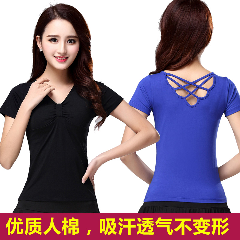 广场舞服装新款纯棉短袖上衣女夏季拉丁舞成人跳舞衣舞蹈服练功服