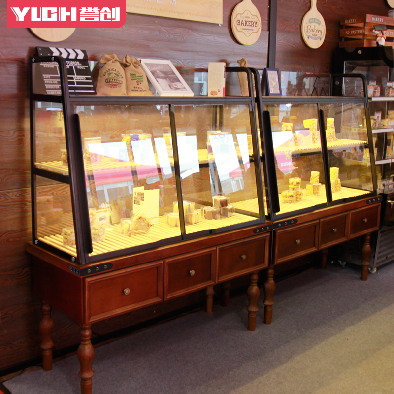 新款铁艺实木面包柜 展示柜边柜 玻璃展柜 货架 边岛柜 蛋糕柜台