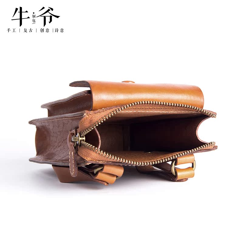 牛爷植鞣头层牛皮手工腰包男多功能真皮手机包