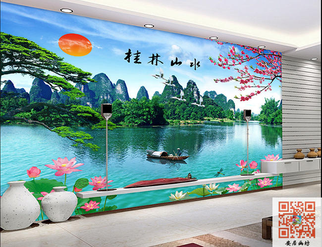 桂林山水漓江春色风景画电视背景墙客厅无纺布墙纸d024壁画壁纸