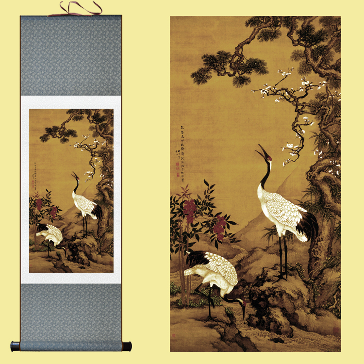 丝绸卷轴画 挂画 花鸟画松鹤延年 国画 办公客厅酒店画字画玄关画