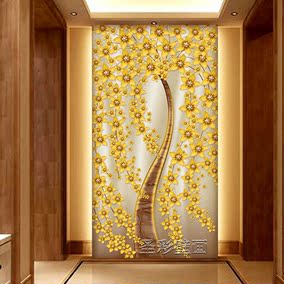 中式金色招财树珠宝花朵玄关过道背景墙壁画
