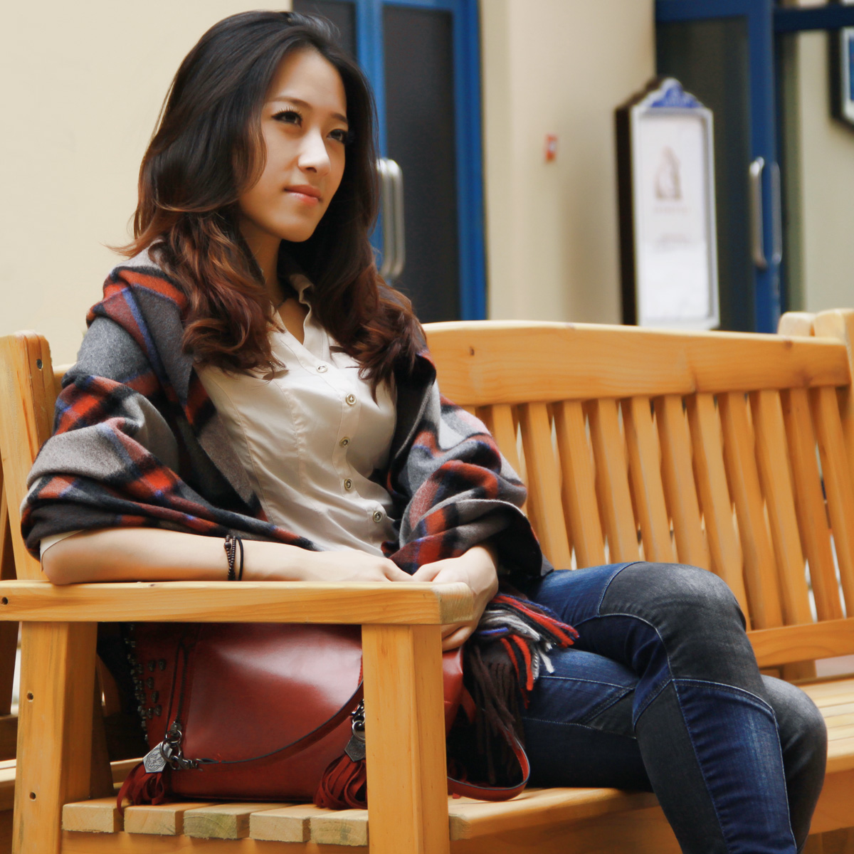 格子空调披肩围巾秋冬女士羊毛两用加大加厚1