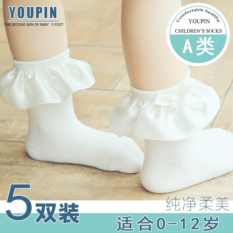 儿童袜子白色粉色秋冬蝴蝶结花边短袜 纯棉无骨手缝 大花边公主袜