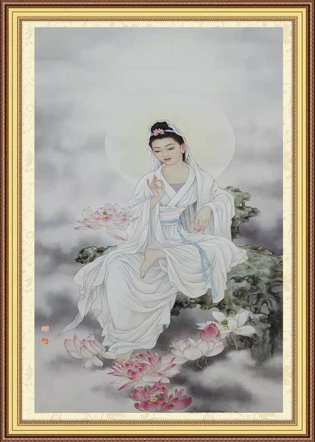手绘南海观世音菩萨画像佛教佛像现代客厅挂画油画加框白衣观音