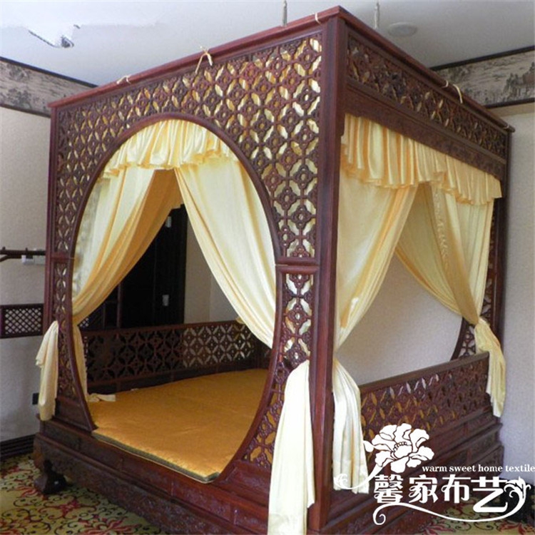 中式仿明清古典风格双月洞架子床民宿粉色棉麻绣花整体蚊帐床幔纱