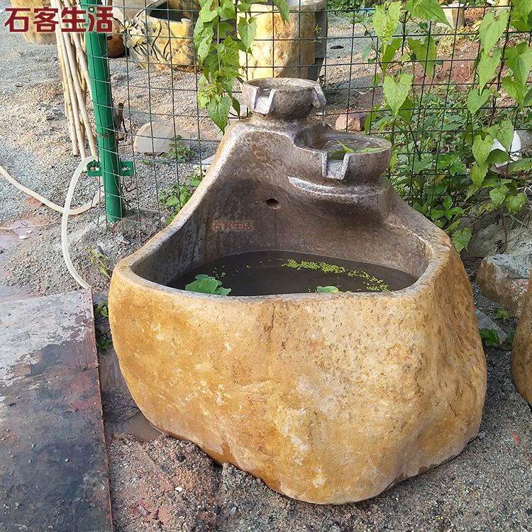 天然石雕鱼缸水池鹅卵石盆石槽叠水小品加湿器风水池鱼缸流水喷泉