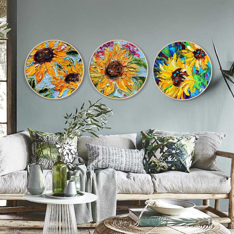 向日葵原创现代简约花卉植物手绘油画圆形三联组合装饰画挂画