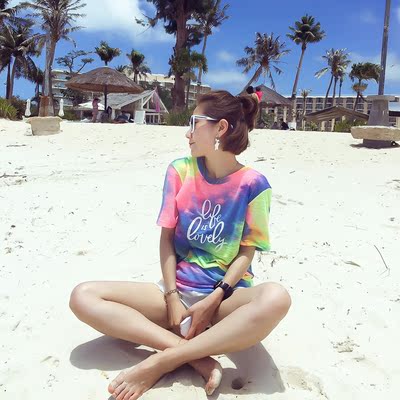 韩版字母印花黄白条纹破洞宽松短袖T恤体恤女