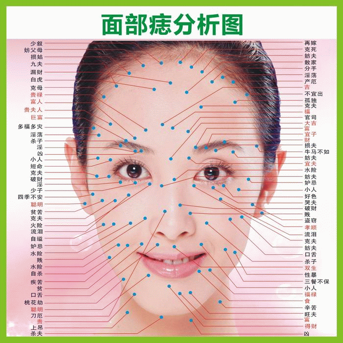 面部痣分析图 痣相分析面部痣相图解 面部痣相详解0.8x0.8米 包邮