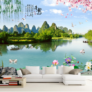 中式唐韵山水风景3d立体电视背景墙壁纸田园客厅卧室装饰画壁画