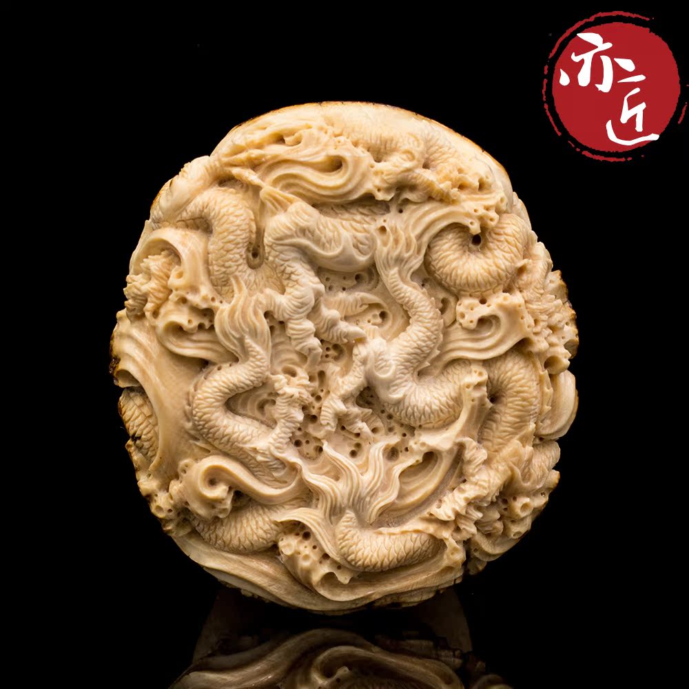亦匠猛犸天然猛犸象牙五龙戏珠挂牌俏色原皮大师款牙雕挂件保真