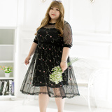 [新品促销]miss38大码女春夏装新款加肥黑色网纱绣花网布中袖连衣裙
