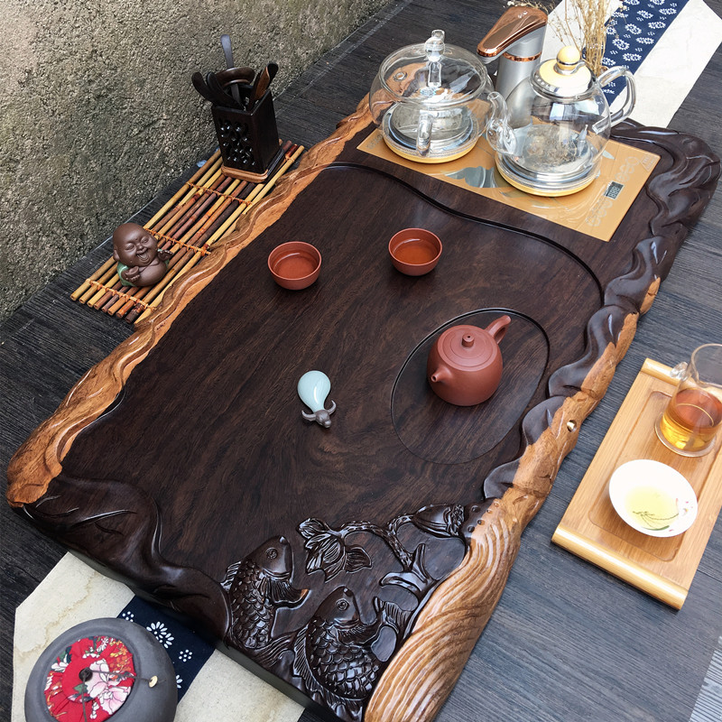 功夫茶具精雕黑檀木茶盘 茶具茶海茶台茶盘排水整块实木 年年有余