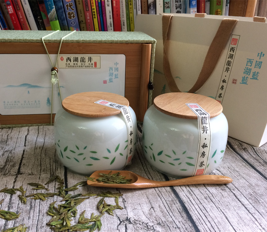 小牛妈妈 西湖龙井龙坞明前茶 中国蓝西湖蓝高档、豪华瓷瓶礼盒装