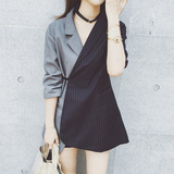 左边女装2017年春夏季新款不对称拼接系带中长款小西装外套西服