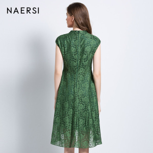 NAERSI\/娜尔思16新款女装绿色无袖高领蕾丝勾