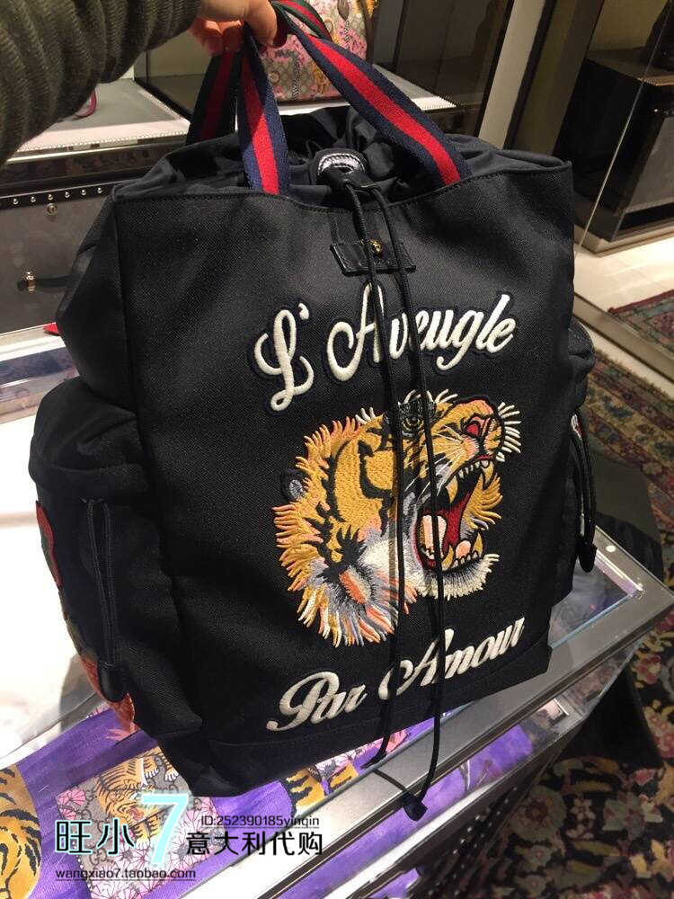 gucci古奇新款男士刺绣虎头techpack oklahoma双肩包背包旅行包