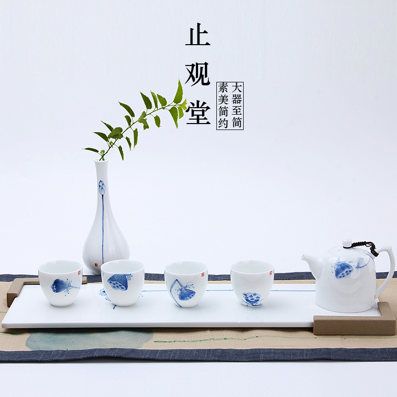 青花瓷功夫茶具套装景德镇手绘茶壶茶杯荷花干泡茶盘陶瓷整套茶具