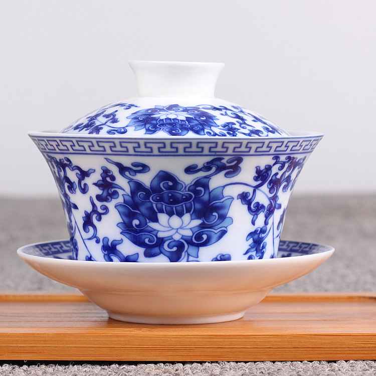 盖碗大号青花瓷三才杯景德镇八宝茶杯功夫茶具敬茶碗包邮飘香杯