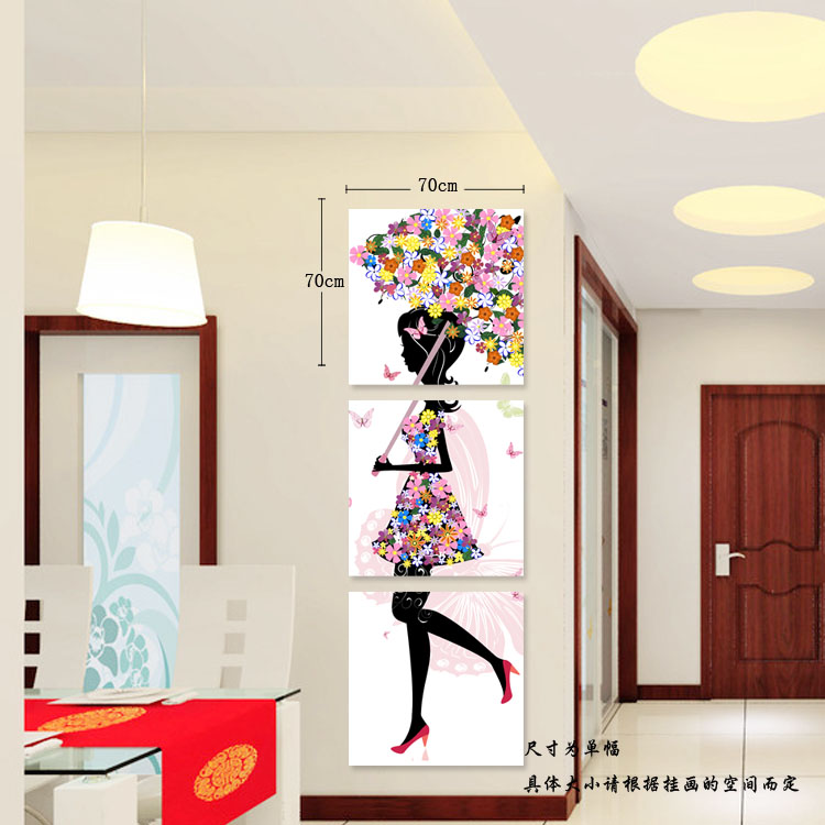 玄关装饰画竖版过道尽头壁画卡通美女现代简约三联无框画走廊挂画