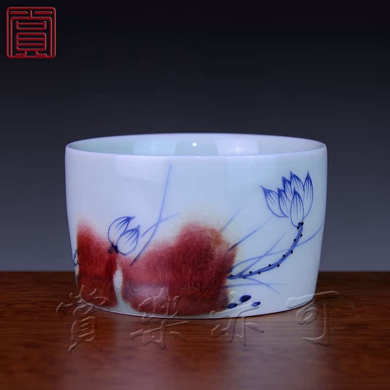 景德镇京德贵和祥茶杯赏乐亦可茶具手绘青花釉里红荷花直筒杯品杯