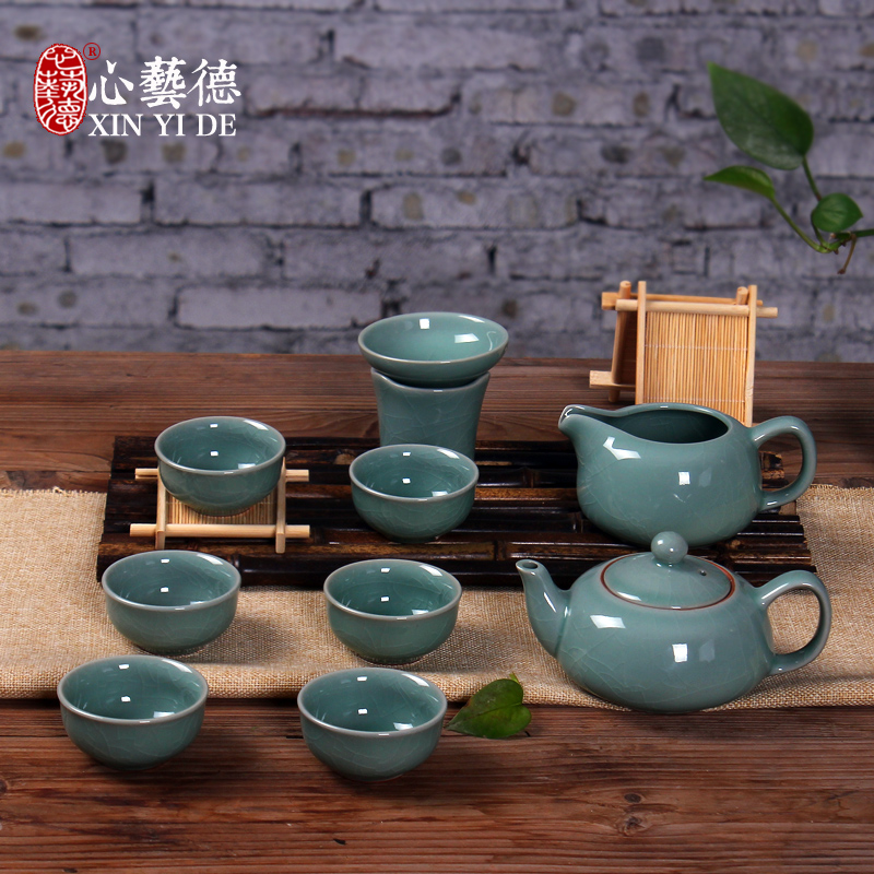 哥窑青瓷功夫茶具整套装特价陶瓷冰裂开片家用茶具茶壶公杯茶滤杯