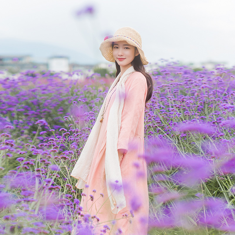 绽放A464朵/半夏/粉红色长裙苎麻连衣裙女秋中长款旅行女装宽松
