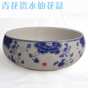 花盆 专用陶瓷水仙花盆 口径18cm 景德镇彩青花瓷水仙花盆:富贵草