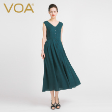 VOA 墨绿提花V领无袖单排扣开襟极简礼服式中腰真丝连衣裙A6903图片