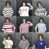 原宿风大条纹短袖t恤女宽松显瘦学生姐妹闺蜜装半袖横条纹体恤衫