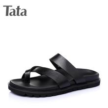 Tata/他她2016夏季新品素面平跟牛皮透气休闲男鞋凉拖鞋21507BT6图片