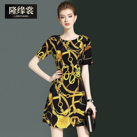 隆缘裳2017夏季新品时尚女装桑蚕丝短袖修身真丝印花连衣裙子3936商品大图