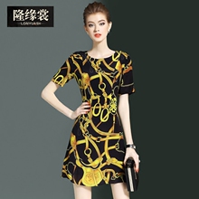 隆缘裳2017夏季新品时尚女装桑蚕丝短袖修身真丝印花连衣裙子3936图片