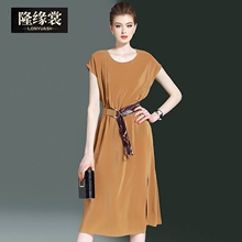 隆缘裳2017夏季新品大码女装短袖修身中长款真丝气质连衣裙子6133图片
