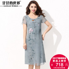 Q真丝印花连衣裙2017新品甘甘的世界韩版桑蚕丝短袖拼接中长裙夏图片