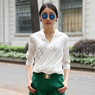 <em>女春装</em>上衣 五分袖条纹宽松不对称夏 短袖衬衫