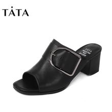 Tata/他她2017年夏季牛皮金属方扣简约粗跟女拖鞋FN203BT7图片
