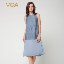 VOA 月光石灰色无袖圆领拱针刺绣网纱套衫假两件真丝连衣裙VA8715图片