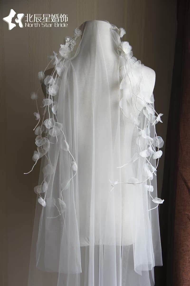 新款韩式仙女系新娘结婚婚纱手工欧根纱花朵枝蔓头纱拍照婚礼头纱