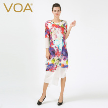 VOA百花簇锦提花真丝撞料圆领连肩中袖对丝斜襟直筒信封连衣裙图片