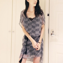 连衣裙欧美外贸原单女装 尾单剪标出口 宽松V领裙子透视短袖