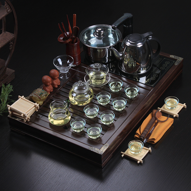玻璃茶具套装特价紫砂冰裂汝窑功夫茶具整套四合一电磁炉实木茶盘