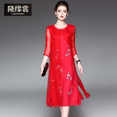 隆缘裳2017春装新女纯色绣花七分袖圆领宽松中长款真丝连衣裙2012商品大图